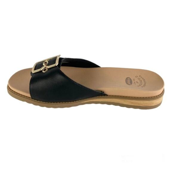 Dr. Scholl's Slide Sandals Women 8W Black Get it Movin Iconic Buckle Flats Beach - Picture 4 of 7